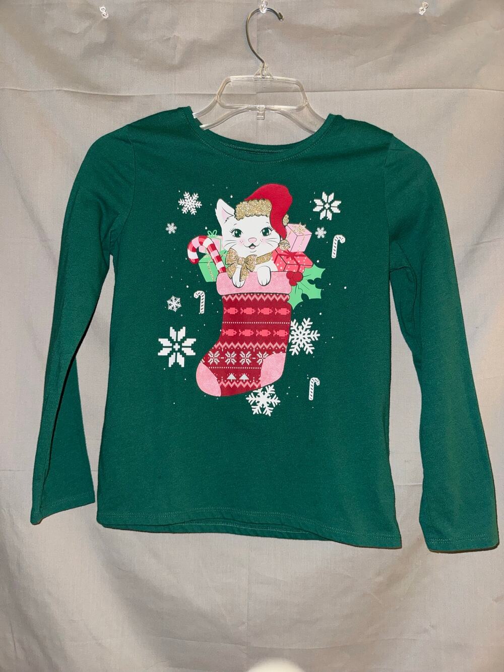 The Children’s Place Girls Christmas Cat Stocking Green Shirt, Size L (10/12) - Picture 1 of 5